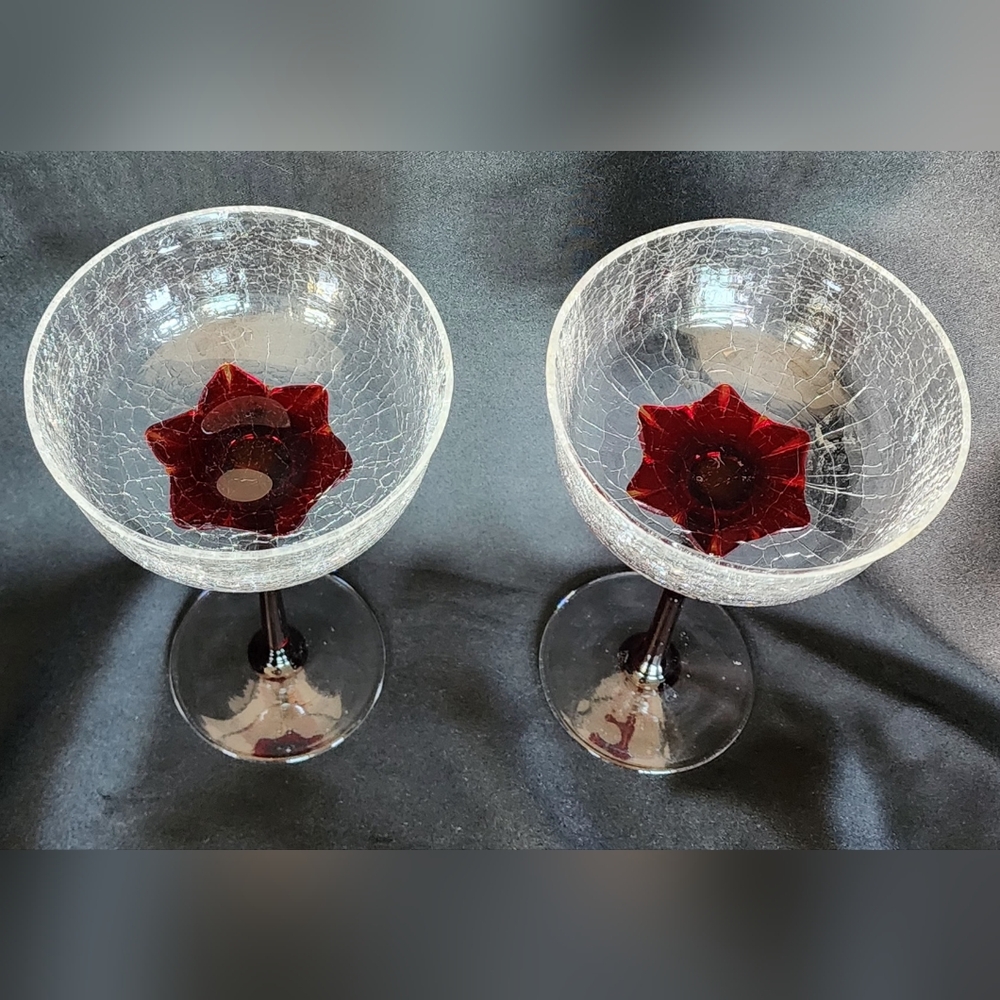 Crackle Glass Blood Red Maroon Flower and Stem Wine Glasses‎ Set Of 2